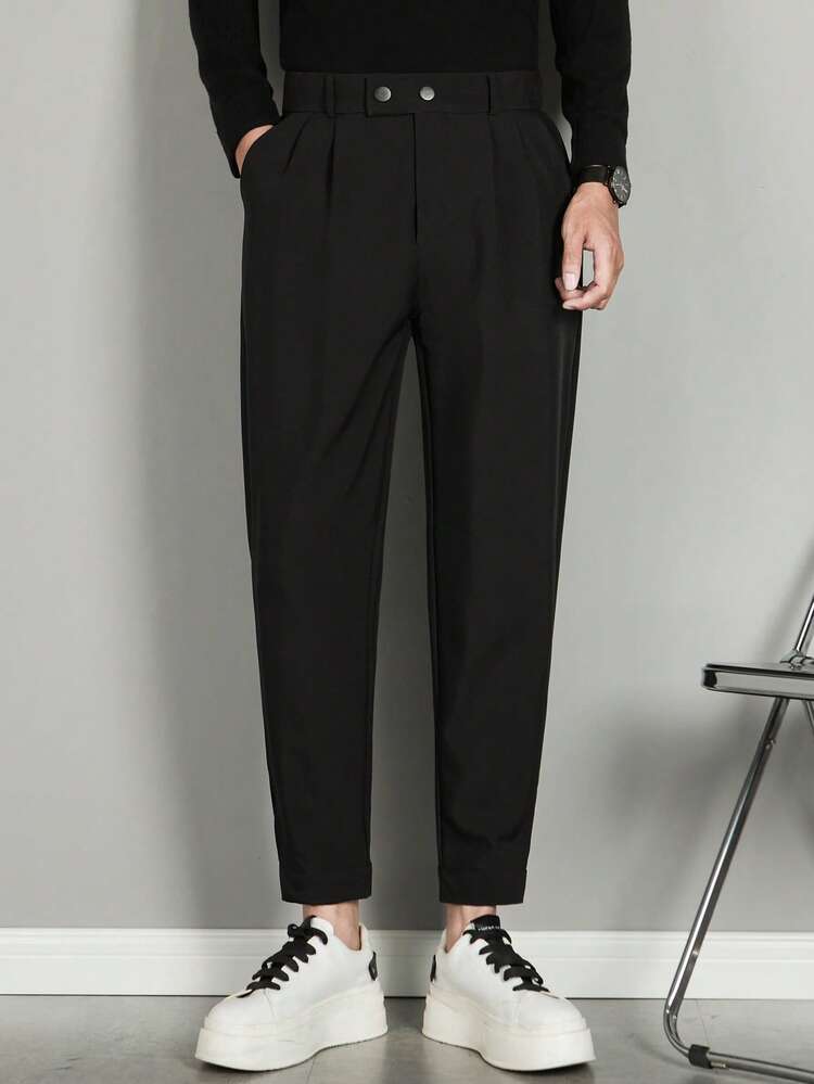 男士冰丝感宽松直筒修身踝长纯色正装长裤，飘逸感 - 黑色 - 查看 3