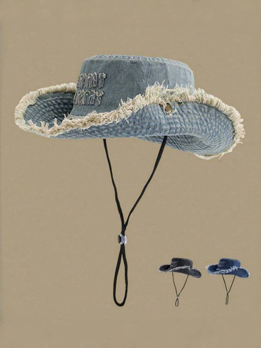 1 PC Unisex Couple Style Distressed Embroidered English Letters Retro Washed Rough Edge Drawstring Hat Bucket Hat Sun Hat Outdoor Cycling Mountaineering Sun Hat Suitable For Travel Beach Seaside Leisure Vacation Play Daily Use - Multicolor - View 1