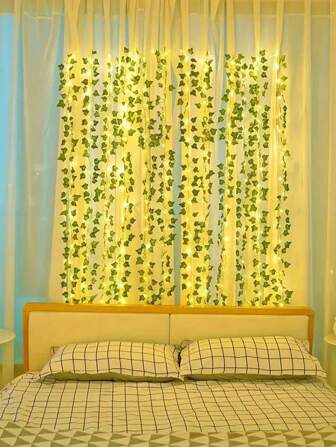 1pc 2M/5M/10M Green Artificial Ivy Leaf Vine With Copper Wire Led String Light, Battery Operated, For Room, Bedroom, Yard Decoration, Festive Atmosphere In Spring
