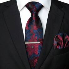 1/2/3/4/5件套男士花卉印花领带、丝缎领带、银色领带夹、口袋巾、袖扣和胸花，多种组合可选，适合作为父亲节、周年纪念日、生日等场合的礼物。经典花卉图案与燕尾服和西装完美搭配，让您在舞会、婚礼、庆典、典礼、正式会议、休闲派对和重要时刻等任何场合脱颖而出。男士领带