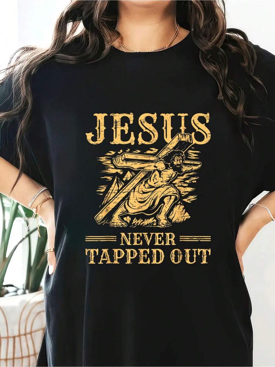 Easter Jesus Never Tapped Out Resurrection Sunday Rabbit T-Shirt Short Sleeve Round Neck Casual Top For Summer & Spring, Women's Clothing