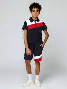 2pcs Tween Boy Casual Set, Color Block Polo Collar Partial Button Short Sleeve Top + Sports Shorts With Pockets - Multicolor - View 10