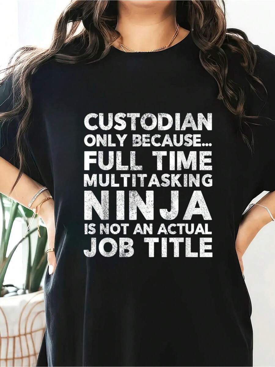 Funny Custodian Janitor T-Shirt For Men And Women Short Sleeve Round Neck Casual Top For Summer & Spring, Women's Clothing - 黑色 - 查看 1
