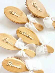 1pc Personalized Bamboo Hair Comb With Name Engraved, Anti-Static Hair Brush, Portable Hair Accessories, Wedding Anniversary Birthday Gift, Bridesmaids Gift, Customized Name Hair Brush For Mom Wife Sister Best Friend, Thoughtful Gift - Yellow - View 4