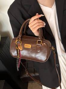 新款软皮波士顿手提包，配毛绒装饰吊饰，大容量单肩包，适合全年通勤，秋冬季 - 咖啡 - 查看 4