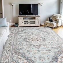 Homore Vintage Area Rugs For Living Room, Floral Medallion Washable Rug For Bedroom, Faux Wool Ultra Soft Retro Accent Rug, Non Slip Indoor Carpet For Kitchen Office Dining Room Decor - 藍色 - 查看 2