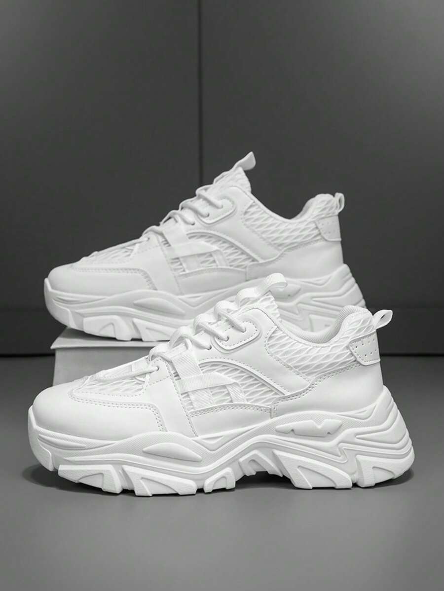 Men's Sports Shoes With Thick Soles, Color Block Leather Lace-Up Shoes, Men's Lightweight Breathable Sports Shoes, Men's Non-Slip Outdoor Sports Shoes, Comfortable Casual Men's Shoes