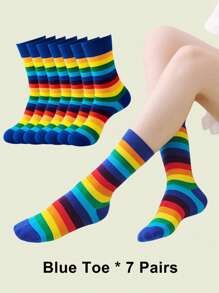 1/3/7 Pairs Women Colorful Fashion Horizontal Striped Rainbow Mid-Calf Socks, Suitable For Casual Daily Wear - Multicolor - View 18