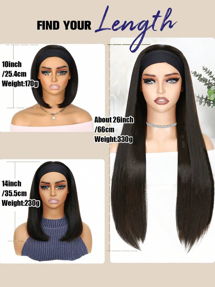 女士鲍勃头带假发 10 英寸 14 英寸 26 英寸短直发假发 直发头带假发 戴上即走 无胶假发 自然造型合成鲍勃假发 - 彩色 - 查看 2