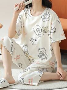 AICJ 2 件女式春夏休闲简约插肩袖卡通熊圆领套头上衣和七分裤睡衣套装，母亲节礼物，两件套 - 白色 - 查看 6