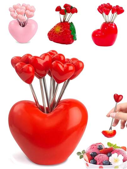 10pcs Red/Pink Heart-Shaped Forks, Stainless Steel Fruit Skewers For Valentine's Day, Anniversary Desserts, Reusable Cake Toppers, Home Decor, Party Supplies, Holiday Table Decorations, DIY Crafts, Photography Props