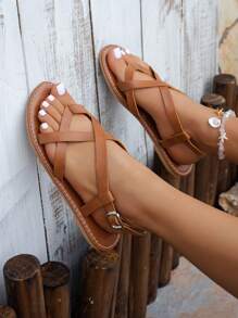 Women's Flat Round Toe Soft Leather Woven Strap Sandals, Versatile Slip-On Suitable For Daily Wear, Beach, Party, Music Festival, Summer Gathering