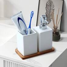 Ceramic Hand Sanitizer Bottle Storage Cup, Bamboo And Wood Tray, Bathroom Three Pieces Set, Bathroom Lotion Sub Packaging Bottle, Bathroom, Distributeur Savon - Multicolor - View 6