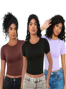 Moderna & Slim Kit 3: Baby Tee Feminina - Blusa Slim Fit Manga Curta - 1 Preto 1 Marrom 1 Lilás - Visão 1