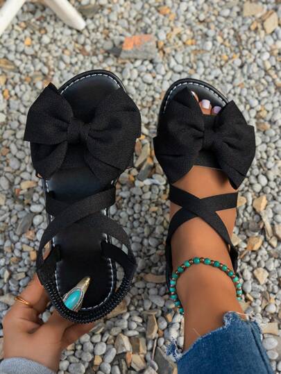 Women's Cute Bowknot Flat Sandals, Solid Color Elegant Open Toe Sandals, Crossover Ankle Strap Design, Casual Outdoor Beach Sandals