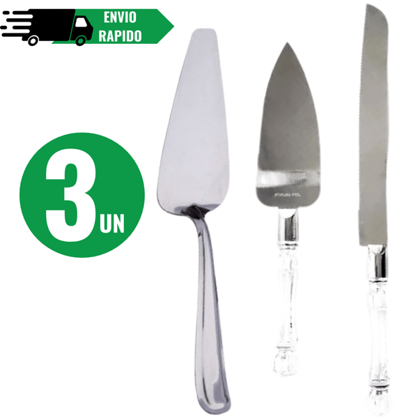 Kit 3 Espátulas em Aço Inox Para Bolo Tortas Corta Servir