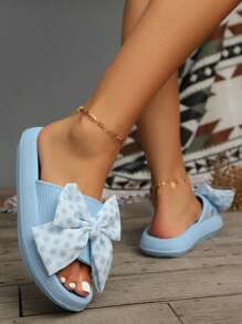 1 Pair Spring/Summer New Polka Dot Bow DIY Slippers, Thick Sole Comfortable Plastic Slides, Suitable For Beach, Bathroom, Resort, Girls - Baby Blue - View 4