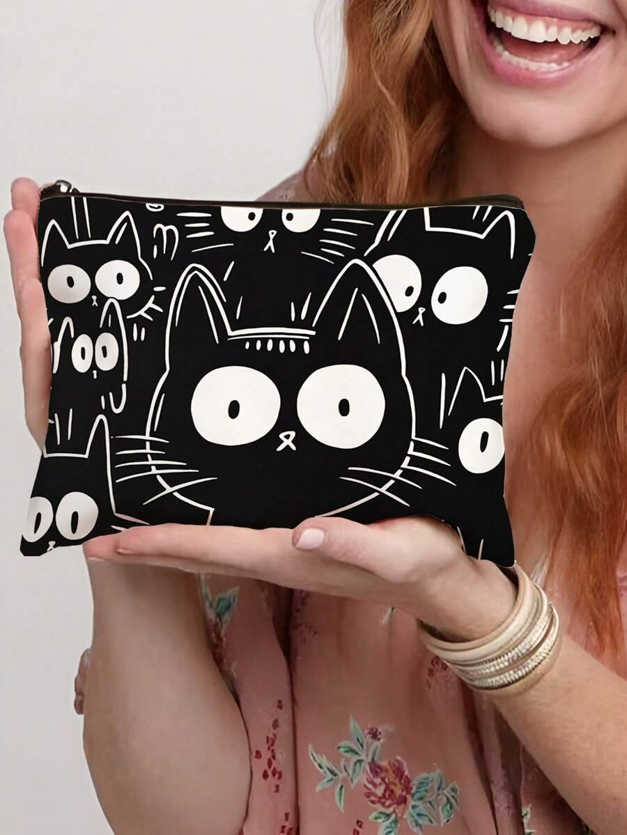 1 Pc Funny Cat Retro Cat Pattern Cosmetic Bag, Funny Cat Toiletry Bag, Portable Travel Storage Bag,Zipper Lightweight Makeup Pouch For Women,For Holiday Beach, Bathroom Collection, Bedroom Collection, Large Capacity - Black - View 1