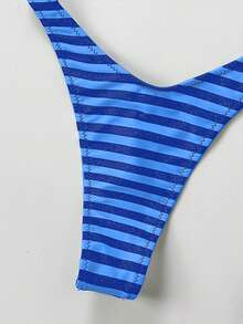 Women Vacation Stripe Printed Basic Swimwear For Summer Days From Poolside To Beachside, Everyday Mini Triangle Cheeky Bikini Beachwear - Blue - View 5