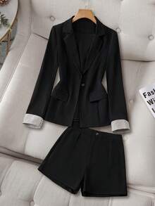 Women's Fashionable Lapel Collar Long Sleeve Jacket And Shorts Suit Set