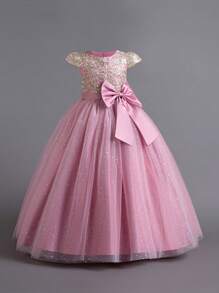 Tween Girls Embroidered Tulle Bow Princess Dress, Suitable For Flower Girl, Birthday Party, Piano Recital, Formal Occasions, Does Not Include Headband - Dusty Pink - View 4
