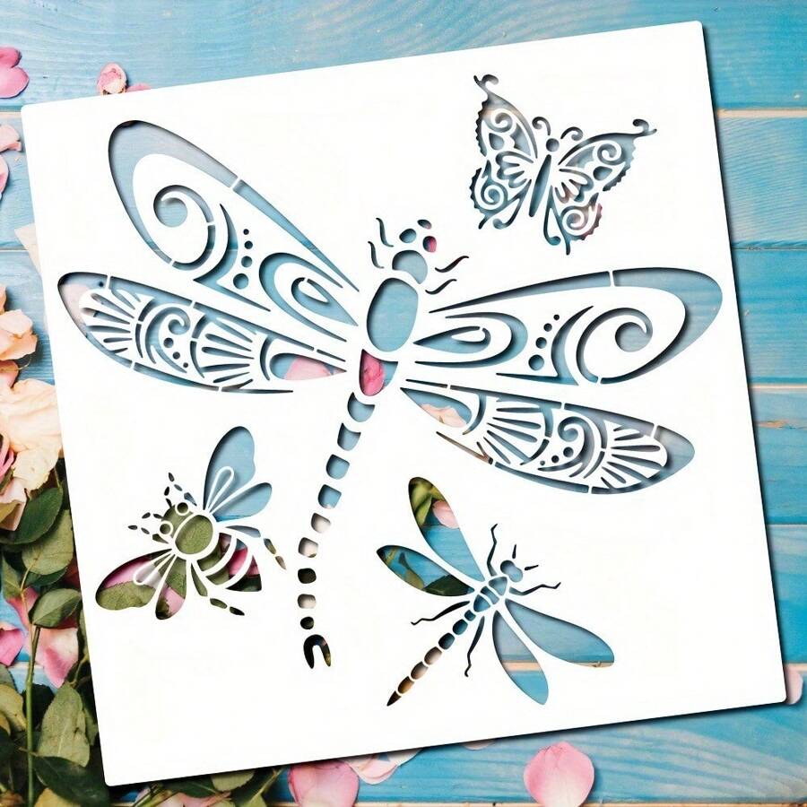 1pc Dragonfly Bee Butterfly Stencil - 11.8 Inch Large Reusable Insect Pattern Drawing Template, Plastic Material For Wall Fabric Canvas Glass Pottery Furniture Home Decor DIY Art Crafts,Back To School,School Supplies - White - View 1