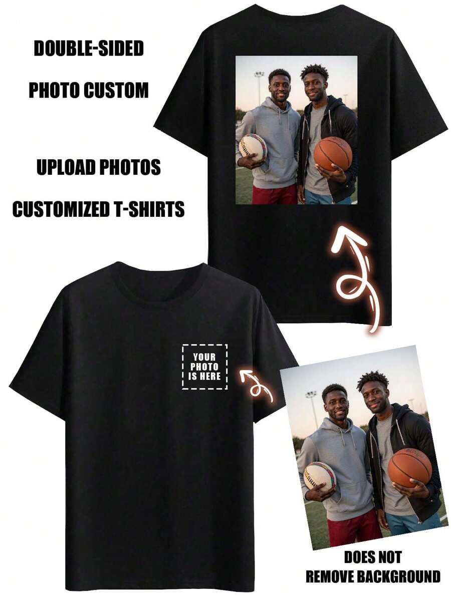 Camiseta personalizada con impresión de foto para hombres, camiseta redonda personalizada con impresión para hombres, camiseta personalizada para hombres - Agrega tu propio texto e imágenes (foto familiar/selfie/foto de mascota/foto de amigos/logotipo de empresa) para diseñar tu propia camiseta impresa personalizada, sube tus fotos/collages/seres queridos/mascotas/escenarios ornamentales, regalos personalizados ideales para él, familia, novio, amigos, niños para aniversarios, cumpleaños, vacaciones/vacaciones, elegante otoño, casual callejero elegante, organizador de viaje - Negro - Ver 1