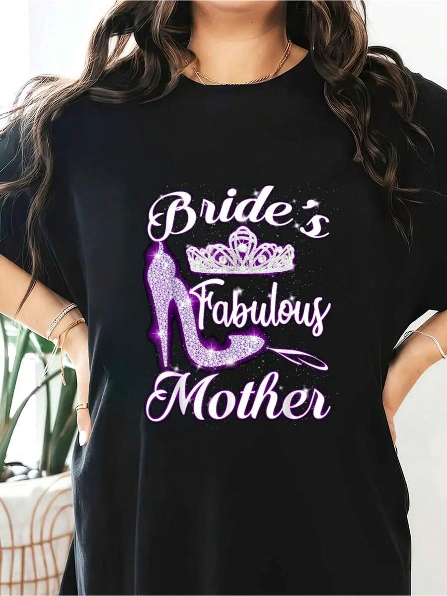 Bride's Fabulous Mother Happy Wedding Marry Vintage Shirt T-Shirt Short Sleeve Round Neck Casual Top For Summer & Spring, Women's Clothing - Black - View 1