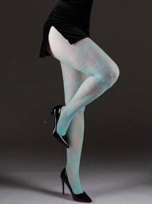1pc Women's Vintage Micro-Compression High-Elastic Fishnet Tights, Fashion Sunflower Jacquard Leg-Shaping Hollow-Out Pantyhose, Suitable For Halloween, Christmas, Outings, Parties, And Social Gatherings - Baby Blue - View 3