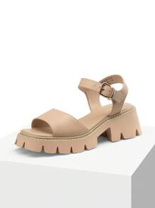 Women's Lug Sole Low Platform Summer Sandals, Stylish Open Toe Chunky Block Ankle Straps Heels Sandals For Summer/Spring - Màu be - Xem 4