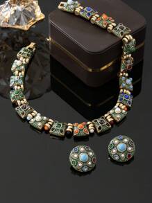 1 条项链和 1 对耳环，波西米亚风格铜合金复古经典珠宝套装，时尚百搭，适合派对，适合节日穿着 - 彩色 - 查看 6