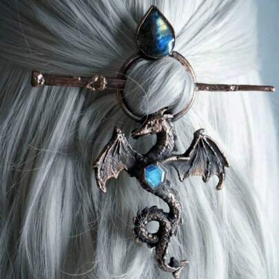 1 طقم مشابك شعر بتصميم تنين وبحجر القمر عتيق، اكسسوارات بأسلوب فايكنجي إسكندنافي أنيق، هدية للنساء