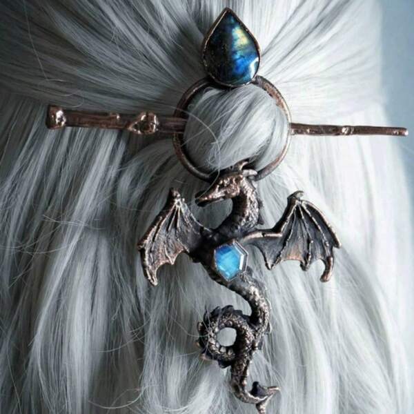 1 Set de Pinzas para el cabello con dragón retro y piedra lunar, accesorios de estilo vikingo nórdico de moda como regalo para mujeres