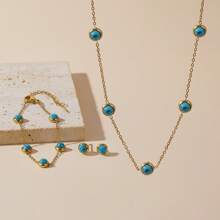 1 套时尚优雅绿松石项链吊坠耳环手链首饰套装，适合节日佩戴 - 藍色 - 查看 5