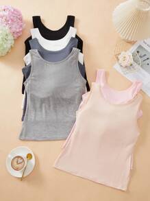 6件多色女士简约休闲女士莫代尔打底宽肩带舒适背心，内置固定罩杯罩修身上衣，户外、家居无钢圈文胸背心。 - 彩色 - 查看 3