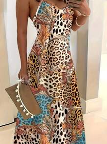 Đầm mini không tay họa tiết da báo dành cho nữ, kiểu dáng bohemian, thích hợp cho kỳ nghỉ hè, dự tiệc hoặc các dịp trang trọng. - Nhiều màu - Xem 1