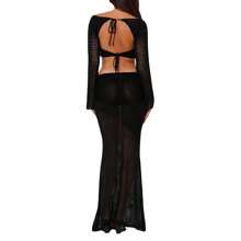 Women Summer Bikini Coverups 2pcs Outfit Set Beachwear Long Dress Crochet Knit Hollow Out Long Sleeve Off Shoulder Crop Top + Long Maxi SkirtsSexy Sundress Swimsuit Cover Ups - 黑色 - 查看 5
