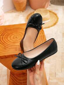 Women's Elegant Bowknot Round Toe Loafers, Simplistic Flat Shoes, Comfortable, Stylish, Slip-On, Fashion, Korean Style