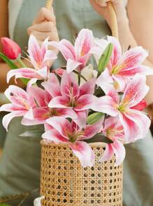 12 Heads Artifical Lily Flowers, Long Stem Artificial Stargazer Lilies With 9 Heads Full Bloom Lily & 3 Lily Buds-Faux Tiger Lily Bouquets For Home Hotel Flower Arrangement Party Wedding Decor Gift - 粉色 - 查看 4