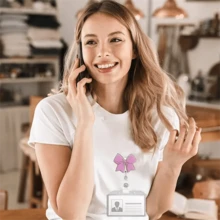 1pc Pink White Bow Retractable Badge Reel - Cute Alligator Clip ID Holder For Nurses, Teachers & Office Staff - Multicolor - View 7