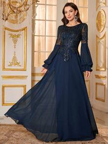 SUPGIR Women's Round Neck Lantern Sleeve Luxury Pearl & Sequin Patchwork Chiffon Party Dress Wedding Spring - Navy Blue - View 6