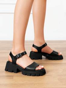 Women's Lug Sole Low Platform Summer Sandals, Stylish Open Toe Chunky Block Ankle Straps Heels Sandals For Summer/Spring - màu đen - Xem 3