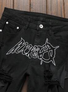 Men's Versatile Street Style Star Embroidery Casual Ripped Jeans - 黑色 - 查看 3