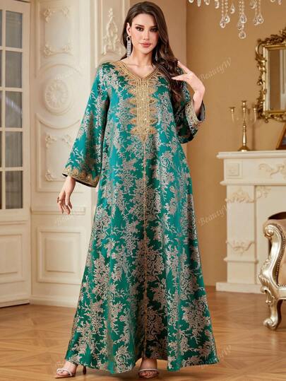 Vestido largo de fiesta elegante y casual con cuello en V, bordado con jacquard de estilo árabe, vestido modesto tipo kaftan