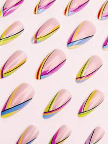 24 Móng tay giả sọc đen bóng nhiều màu dài vừa phải, Miếng dán móng nghệ thuật hình giọt nước kiểu Pháp nhiều màu tương phản, Miếng dán móng thanh lịch, Phụ kiện làm móng - Nhiều màu - Xem 4