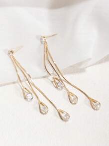 1 对时尚、优雅、高端铜镶嵌锆石长流苏吊坠耳环，适合女士日常穿着和派对礼服