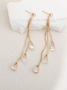 1 对时尚、优雅、高端铜镶嵌锆石长流苏吊坠耳环，适合女士日常穿着和派对礼服