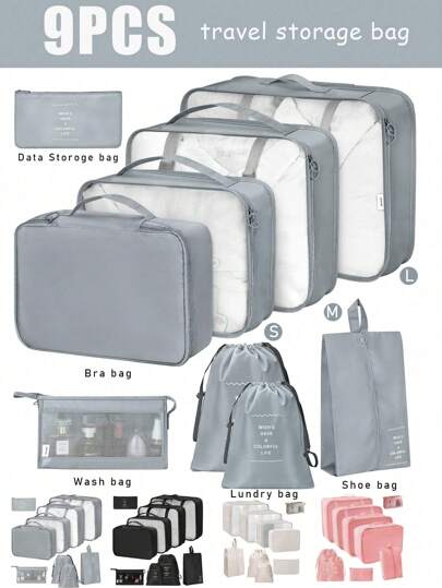 9/1pc Travel Packing Cubes Large-Capacity Travel Bag Antioxidant Polyester Suitcase Bag Including Makeup Bag, Tote Bag, Travel Organizer Bags Summer Travel Bag, Luggage Set, Cosmetic Bag, Beach Bag, Bags, Purse, Toiletry Bag Travel Accessories, Travel Essentials, Travel Must Haves, Ideal Clothing Organization And Storage Containers, Car Must Haves Bomiliya Wind, Mother's Gift, Girlfriend's Gift Teacher's Gift Bridesmaid's Gift Bathroom Decor Makeup Organizer Bathroom Accessories Back To School