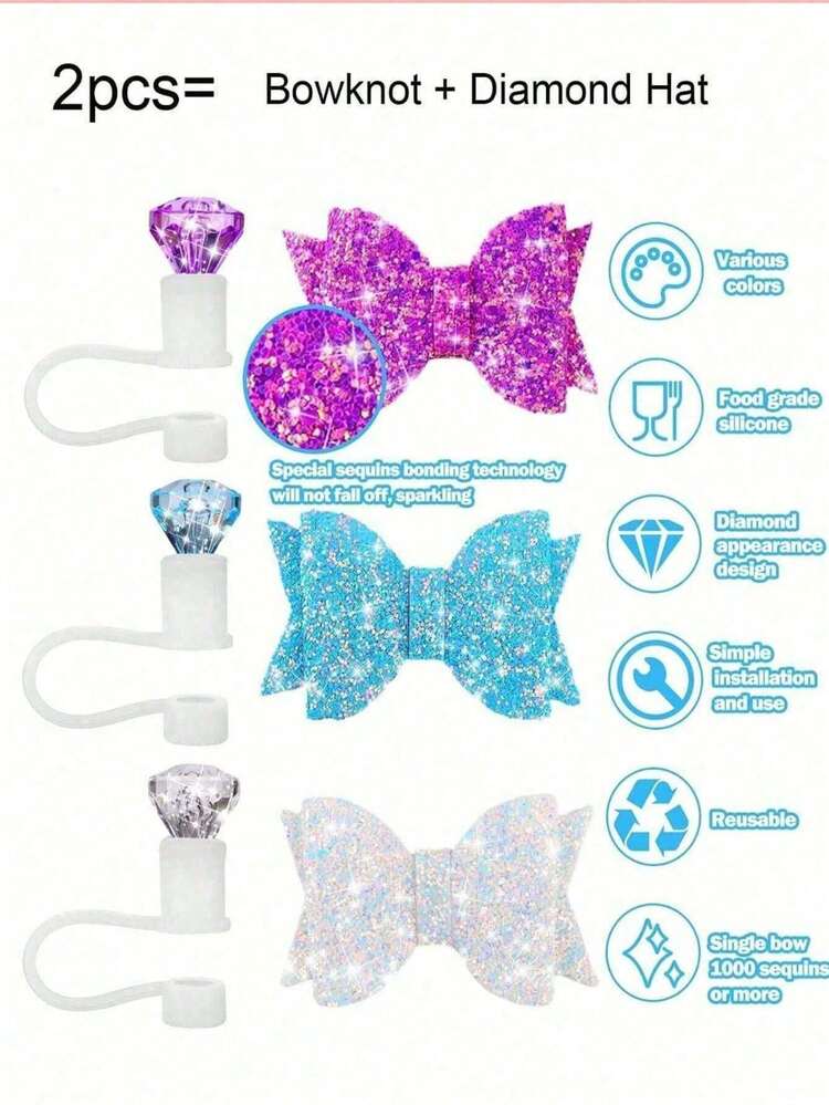 6 件/套可爱蝴蝶结和水钻可重复使用硅胶吸管帽、吸管顶盖，适合 20-40 盎司玻璃杯、饮料配件、派对桌面装饰，圣诞节、生日的绝佳礼物 - 彩色 - 查看 3