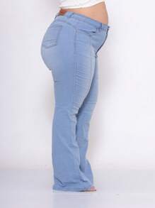 Women's Plus Size Light Blue Flare Jeans With Ribbed Stitching And High Waist - Baby Blue - View 3